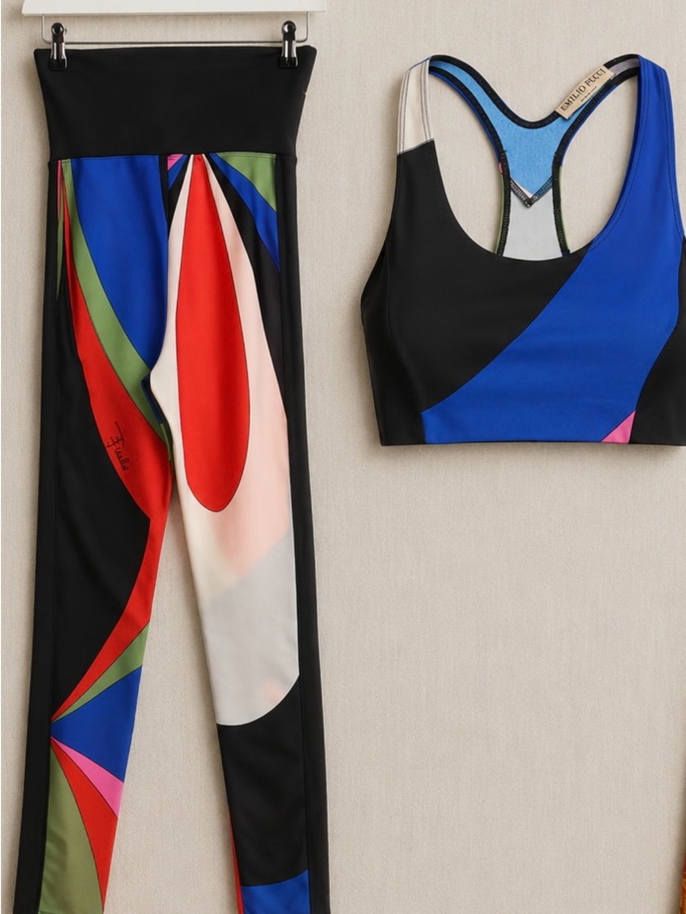 Emilio Pucci Black, Blue, Pink & Orange Printed Stretch Leggings and bra set